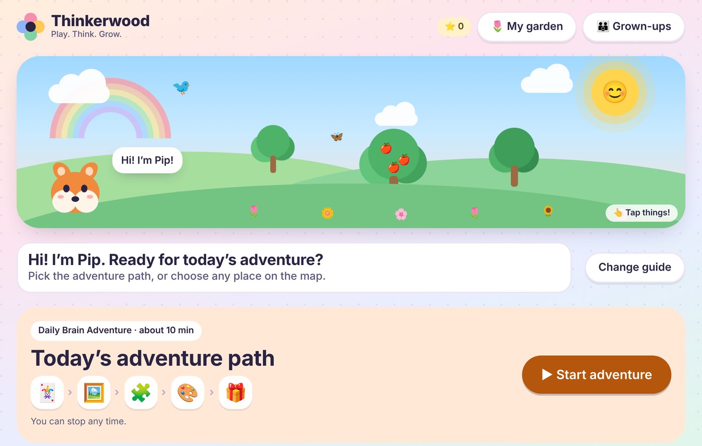 Thinkerwood home screen: a colourful forest with a fox guide, today's adventure path and the adventure map